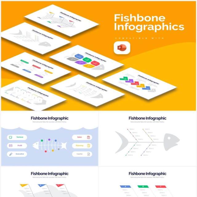 多彩创意鱼骨图PPT信息图形素材Fishbone Powerpoint Infographics