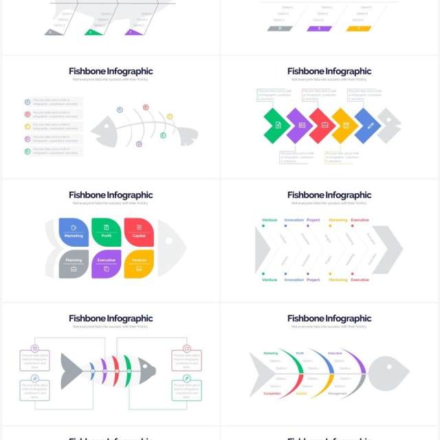 多彩创意鱼骨图PPT信息图形素材Fishbone Powerpoint Infographics