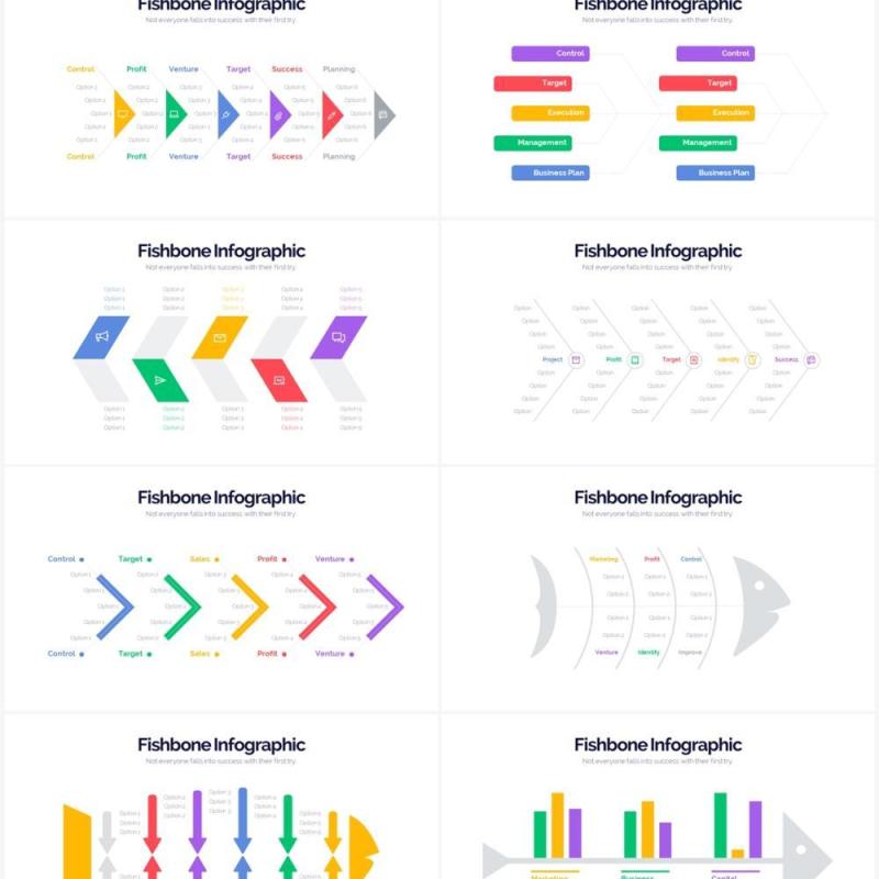 多彩创意鱼骨图PPT信息图形素材Fishbone Powerpoint Infographics