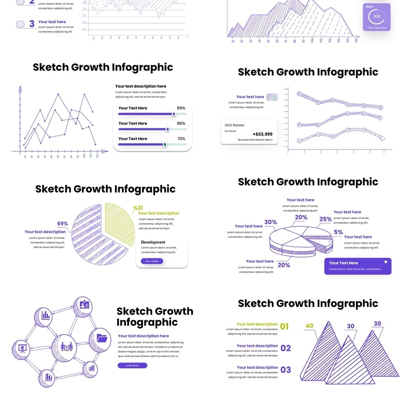 线条素描信息图表PPT模板素材Sketch Growth Infographic