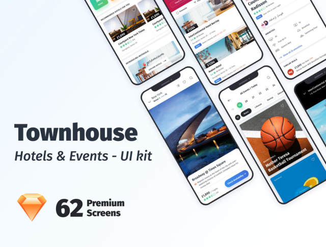 为Sketch。，Townhouse Mobile App UI Kit设计的高品质酒店预订应用UI套件