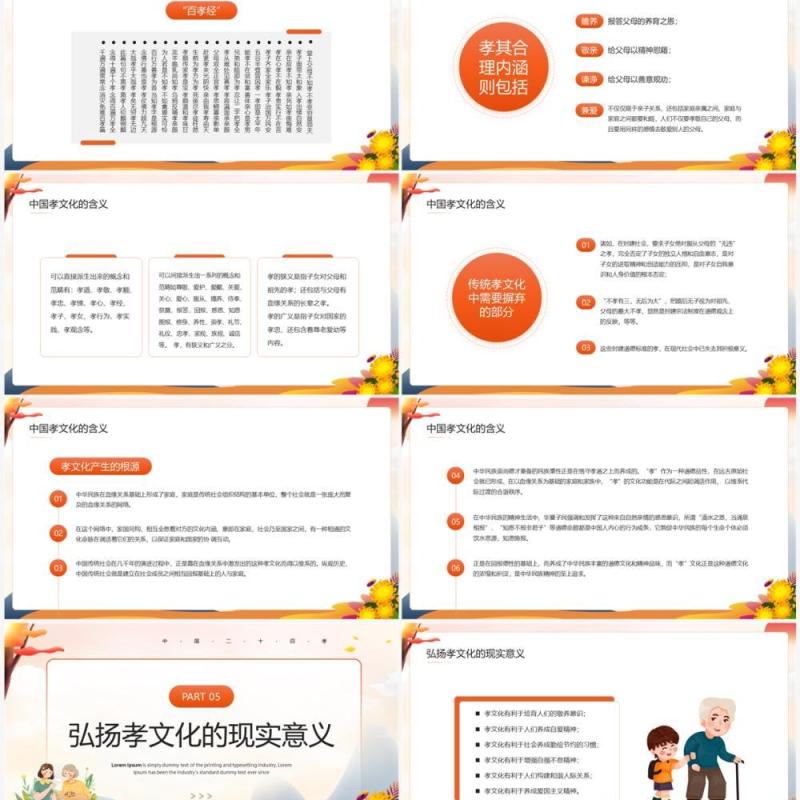 橙色卡通中国风2022年孝文化教育PPT模板