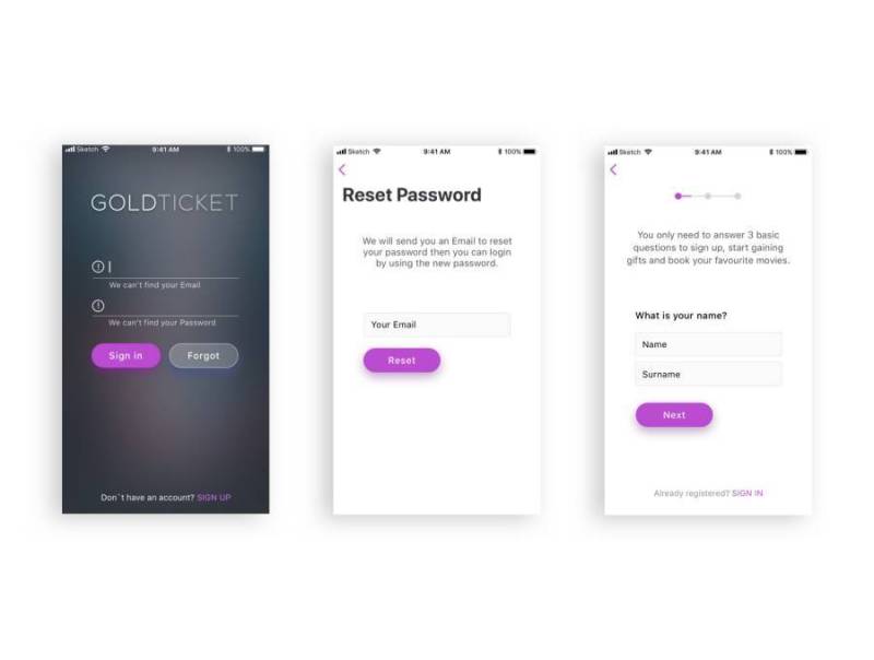 用于Sketch。，Gold Ticket UI Kit的移动iOS预订UI工具包