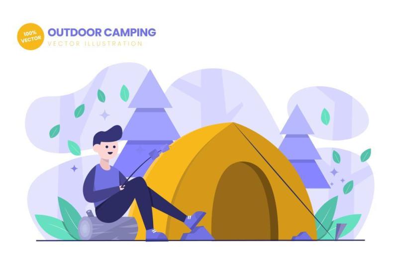 户外野营平面矢量图AI人物插画设计素材Outdoor Camping Flat Vector Illustration