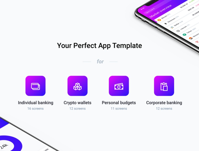 适用于加密和银行应用程序的移动应用程序模板。，IOWallet Mobile UI Kit
