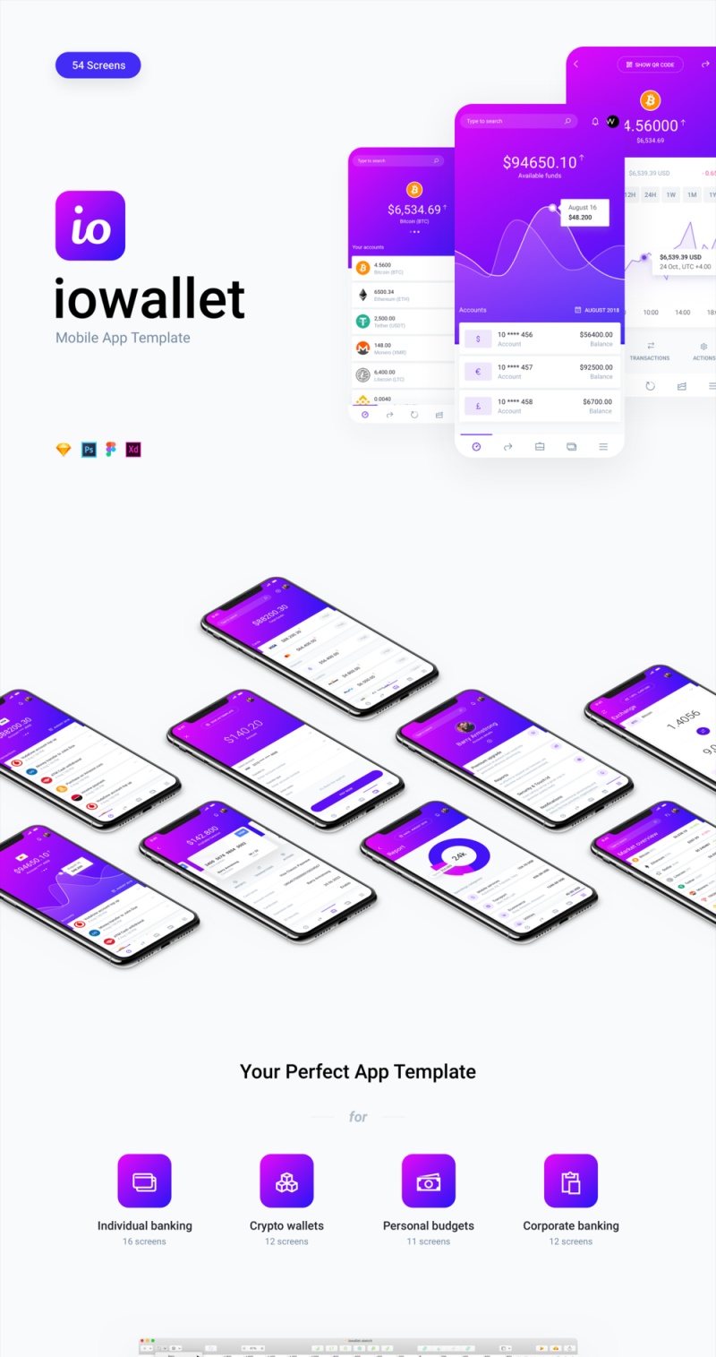 适用于加密和银行应用程序的移动应用程序模板。，IOWallet Mobile UI Kit