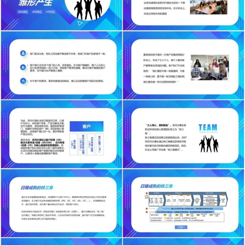 蓝色渐变简约商务企业员工培训课件铁三角团队建设模式PPT模板