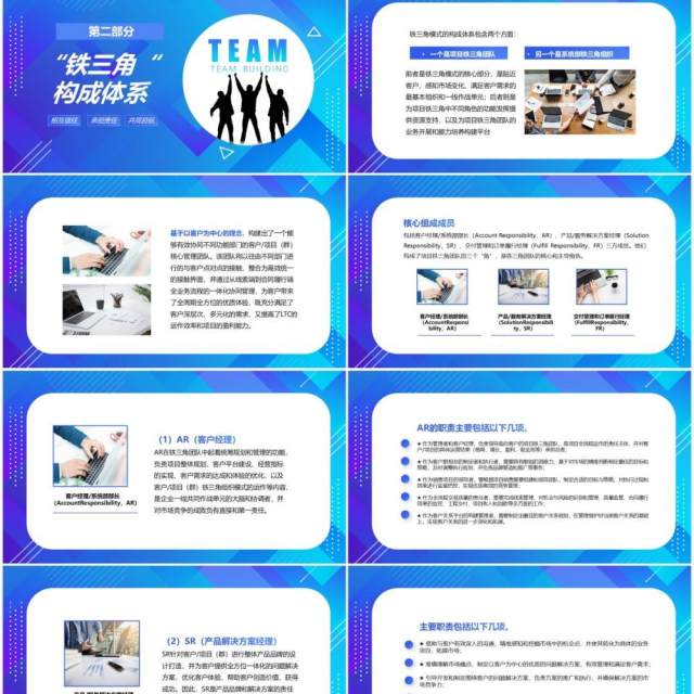 蓝色渐变简约商务企业员工培训课件铁三角团队建设模式PPT模板