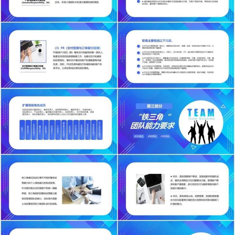 蓝色渐变简约商务企业员工培训课件铁三角团队建设模式PPT模板