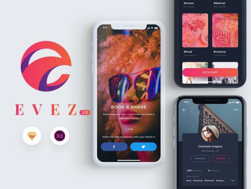 用于Sketch＆XD的事件发现和预订应用UI工具包，Evez 2.0