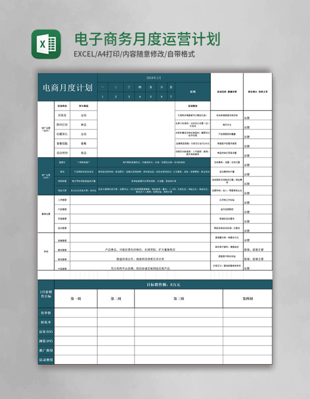 电子商务月度运营计划表excel模板 电子商务月度运营计划表excel模板