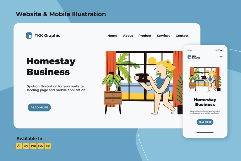 夏季家庭商务网络和移动界面矢量插画素材Homestay business in summer web and mobile