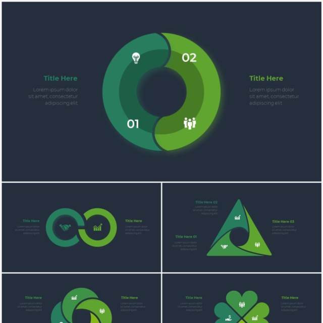 深色背景绿色循环关系箭头拼图时间轴PPT信息图表素材Infographic Green