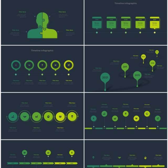 深色背景绿色循环关系箭头拼图时间轴PPT信息图表素材Infographic Green