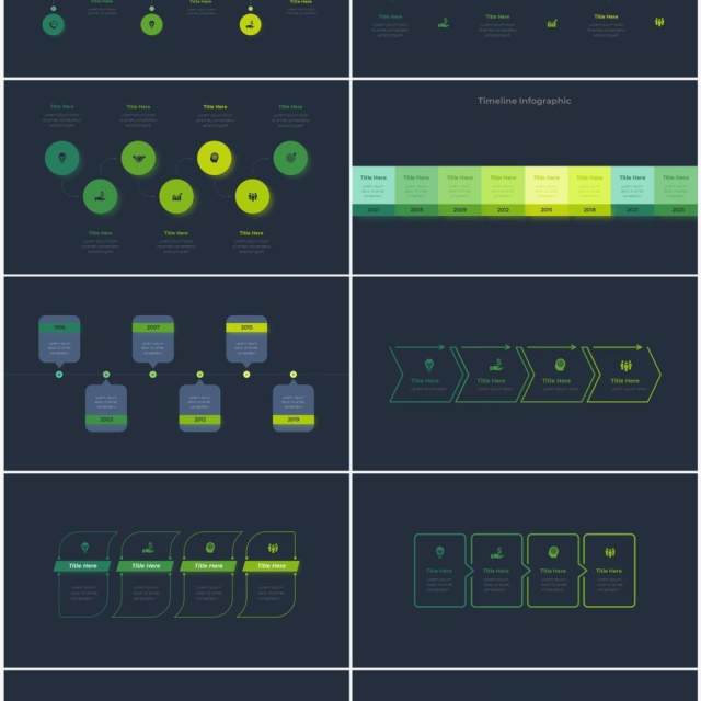 深色背景绿色循环关系箭头拼图时间轴PPT信息图表素材Infographic Green