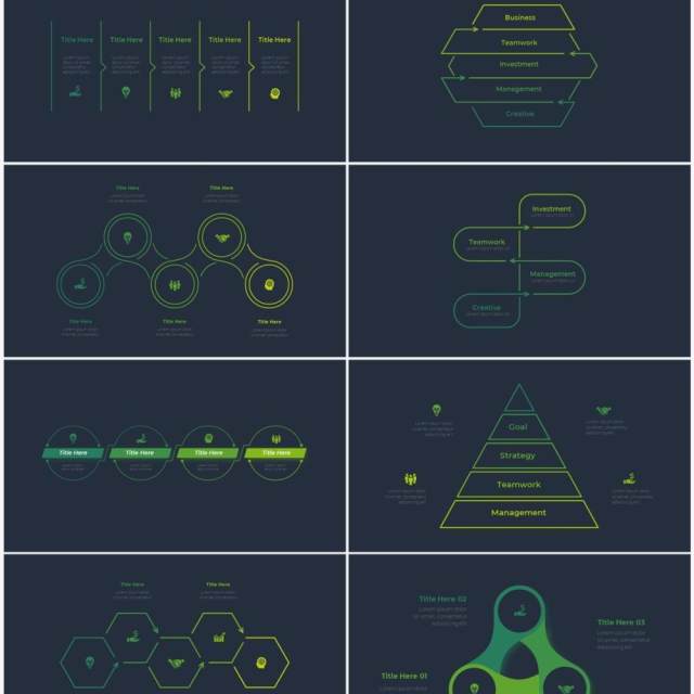 深色背景绿色循环关系箭头拼图时间轴PPT信息图表素材Infographic Green