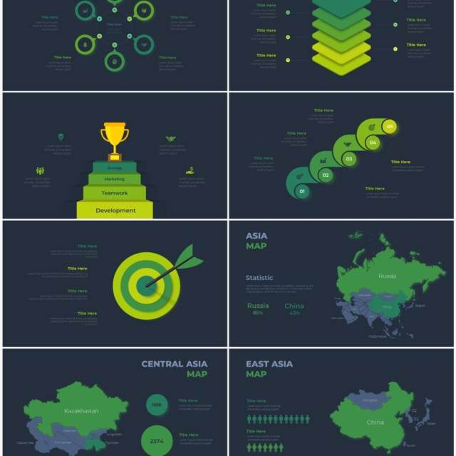 深色背景绿色循环关系箭头拼图时间轴PPT信息图表素材Infographic Green