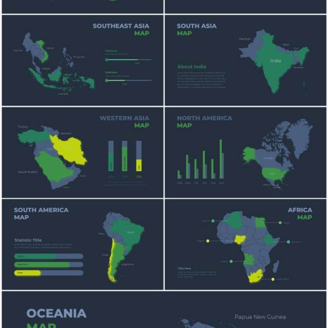 深色背景绿色循环关系箭头拼图时间轴PPT信息图表素材Infographic Green