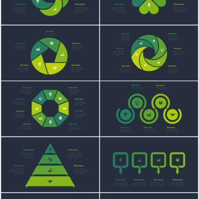 深色背景绿色循环关系箭头拼图时间轴PPT信息图表素材Infographic Green