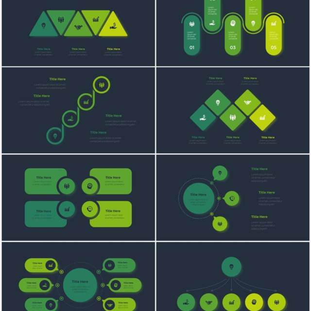 深色背景绿色循环关系箭头拼图时间轴PPT信息图表素材Infographic Green