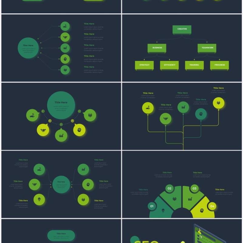 深色背景绿色循环关系箭头拼图时间轴PPT信息图表素材Infographic Green
