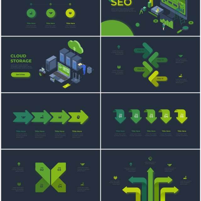 深色背景绿色循环关系箭头拼图时间轴PPT信息图表素材Infographic Green