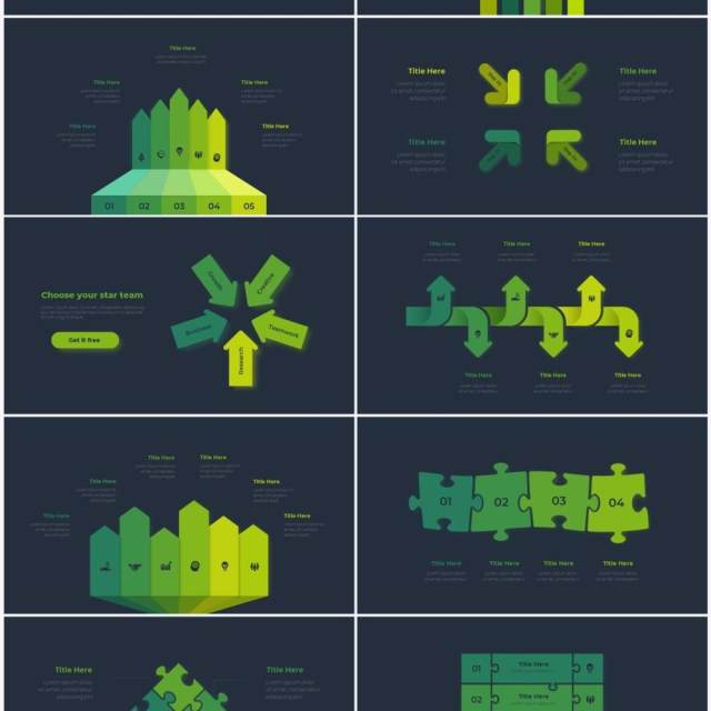 深色背景绿色循环关系箭头拼图时间轴PPT信息图表素材Infographic Green