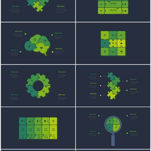 深色背景绿色循环关系箭头拼图时间轴PPT信息图表素材Infographic Green