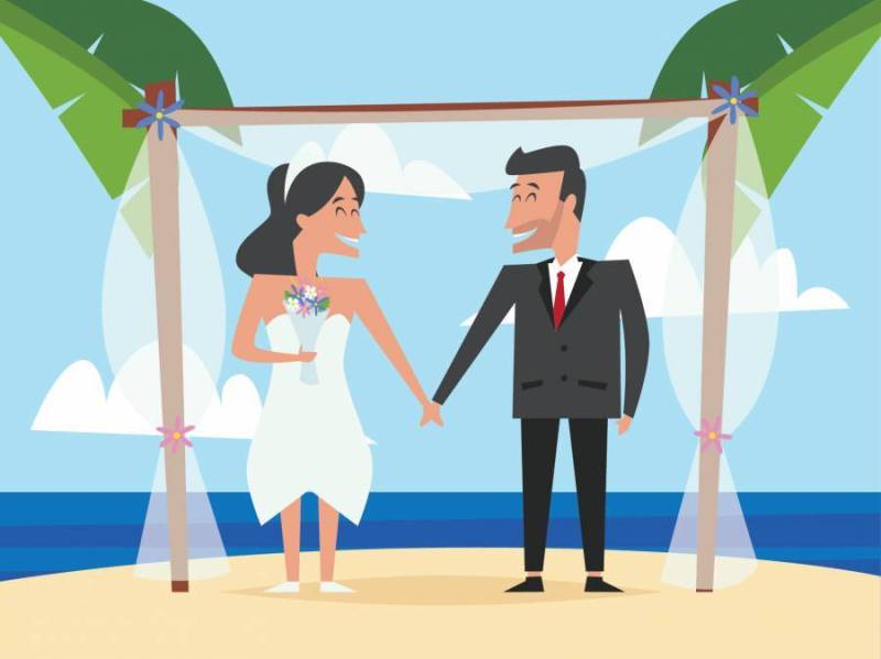 婚礼在海滩的夫妇婚姻