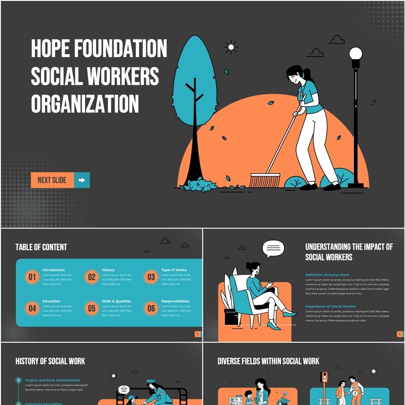 人物插画希望志愿者PPT模板hope volunteer Orange and Blue Dark