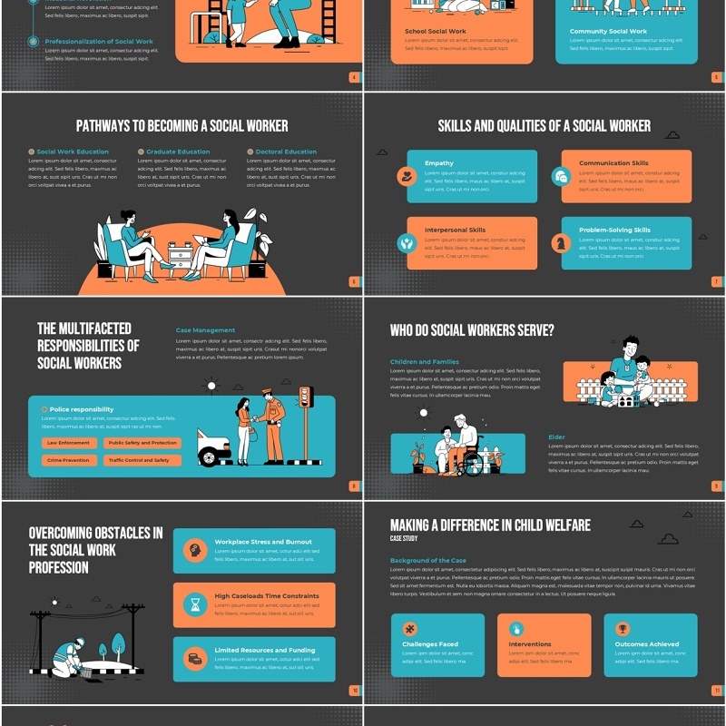 人物插画希望志愿者PPT模板hope volunteer Orange and Blue Dark