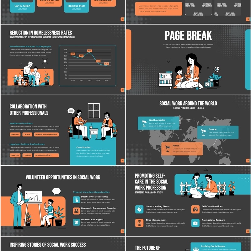 人物插画希望志愿者PPT模板hope volunteer Orange and Blue Dark