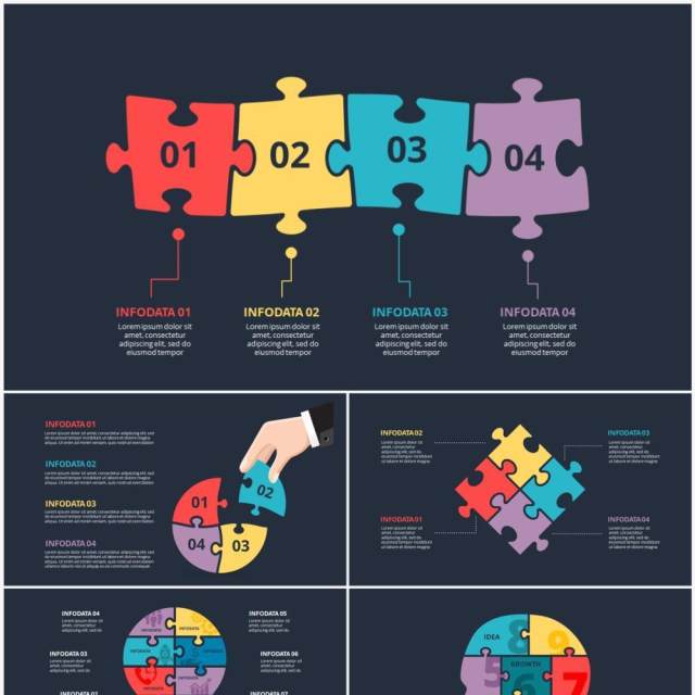 深色背景彩色拼图信息图形PPT素材元素Puzzle 深色背景彩色拼图信息图形PPT素材元素Puzzle