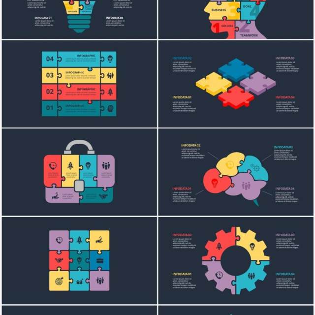 深色背景彩色拼图信息图形PPT素材元素Puzzle