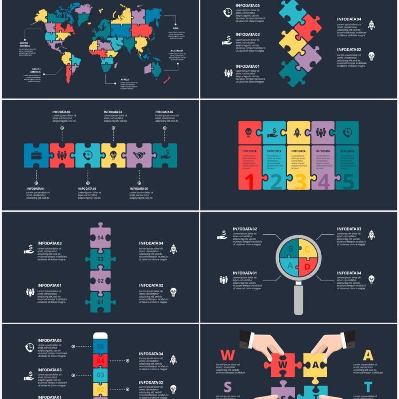 深色背景彩色拼图信息图形PPT素材元素Puzzle