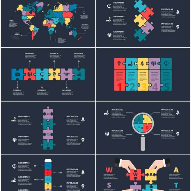 深色背景彩色拼图信息图形PPT素材元素Puzzle