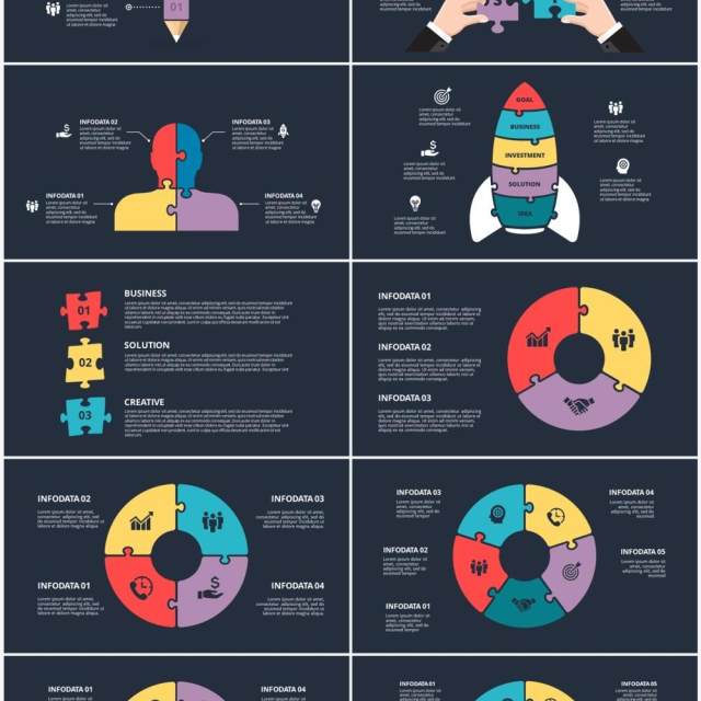 深色背景彩色拼图信息图形PPT素材元素Puzzle