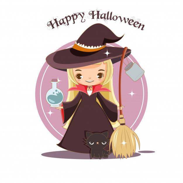 可爱的女巫和黑猫万圣节概念。