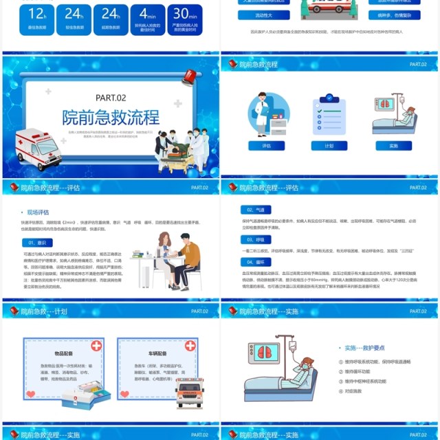 蓝色卡通风院前急救护理工作流程PPT模板