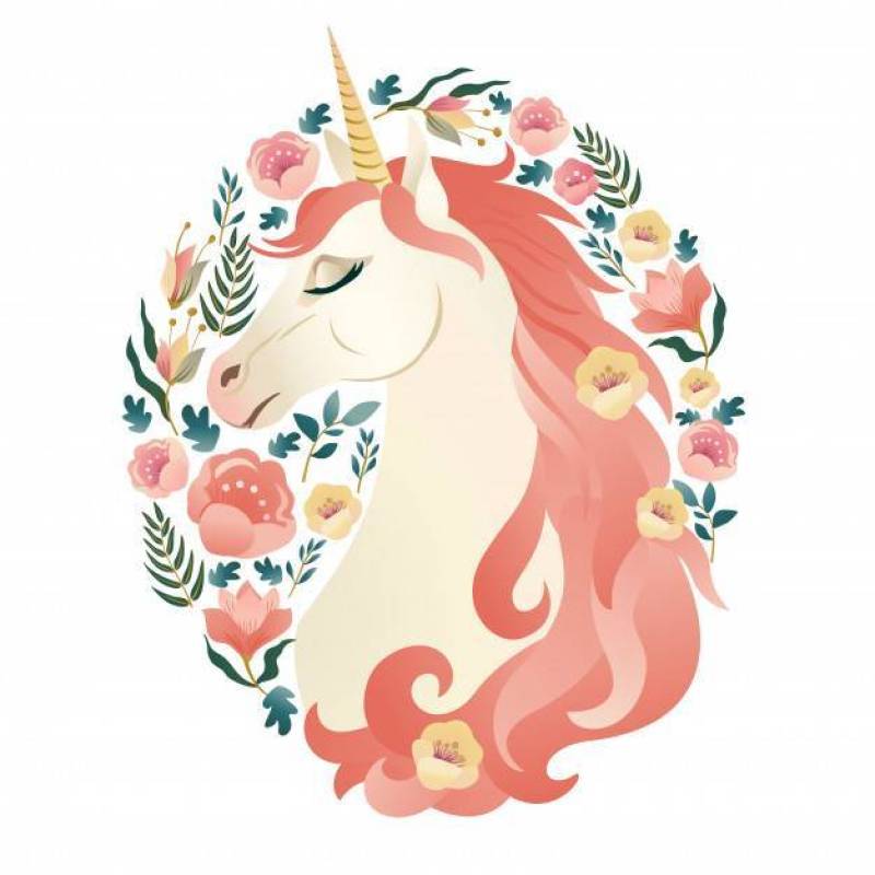 Unicorn head in wreath of flowers