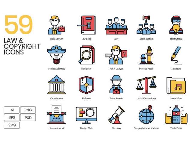 59知识产权法相关的图标，法律和版权图标