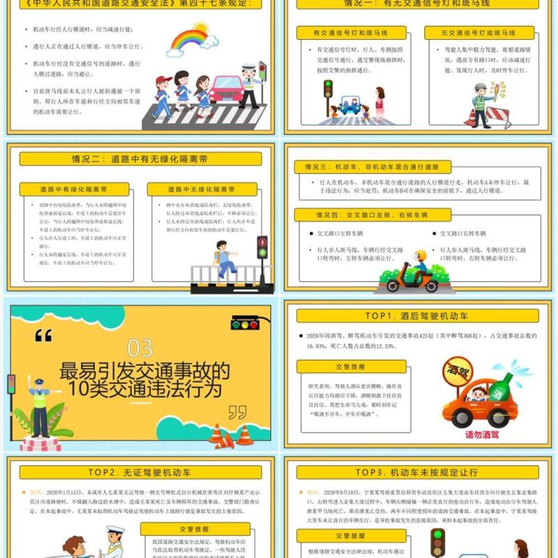 黄色卡通守法规知礼让安全文明出行PPT模板
