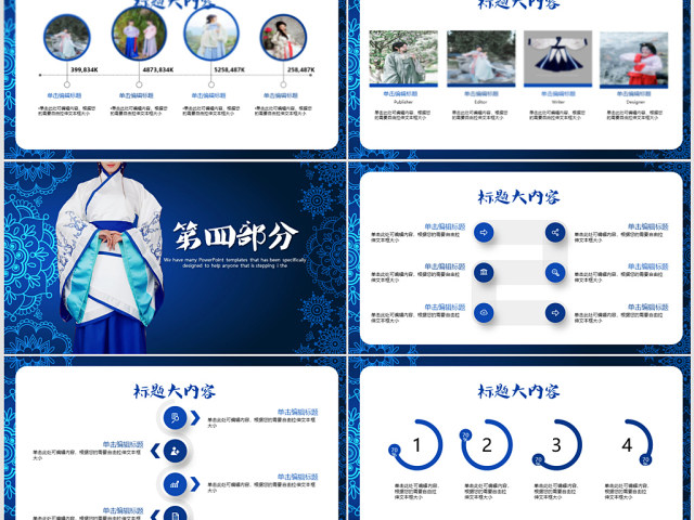 传统蓝色大气中国汉服文化PPT封面含PS