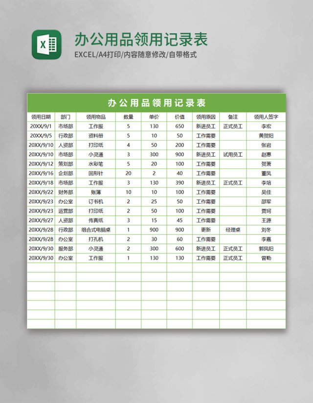 办公用品领用记录表excel表格模板 办公用品领用记录表excel表格模板