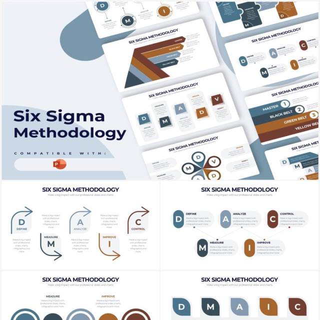 灰蓝简洁六西格玛方法论质量管理PPT信息图表素材Six Sigma Methodology Powerpoint Infographics