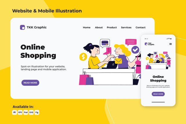 手机APP和电脑端线上购物AI人物插画PSD素材Online Shopping web and mobile designs 手机APP和电脑端线上购物AI人物插画PSD素材Online Shopping web and mobile designs
