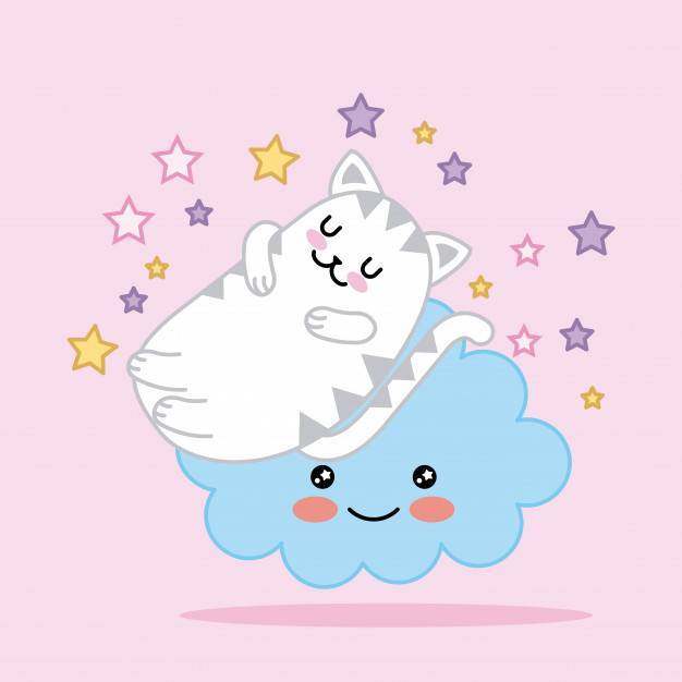 睡觉在与星动画片的云彩的Kawaii逗人喜爱的猫