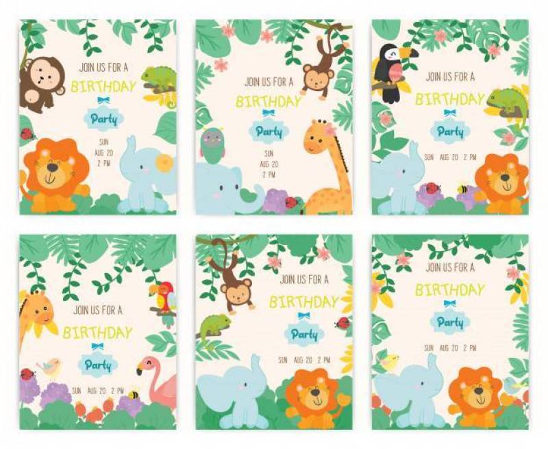 可爱的动物主题生日聚会邀请卡矢量。