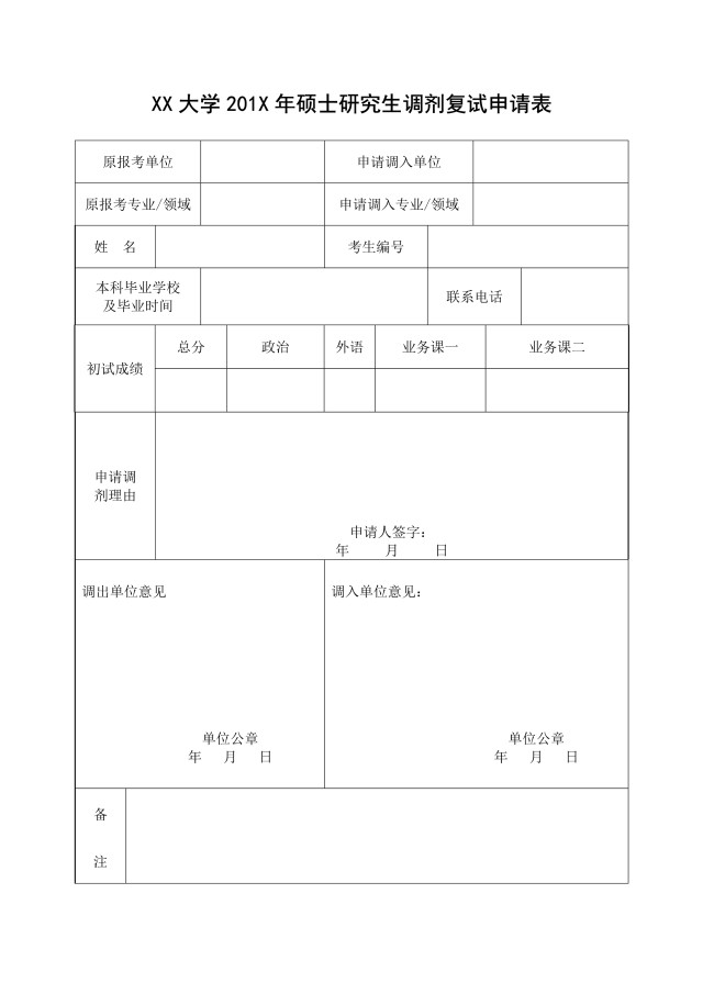 研究生硕士调剂复试申请表模板2