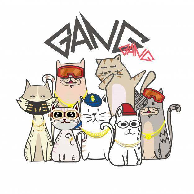 可爱的猫咪帮派与手绘卡通。嘻哈风格 可爱的猫咪帮派与手绘卡通。嘻哈风格